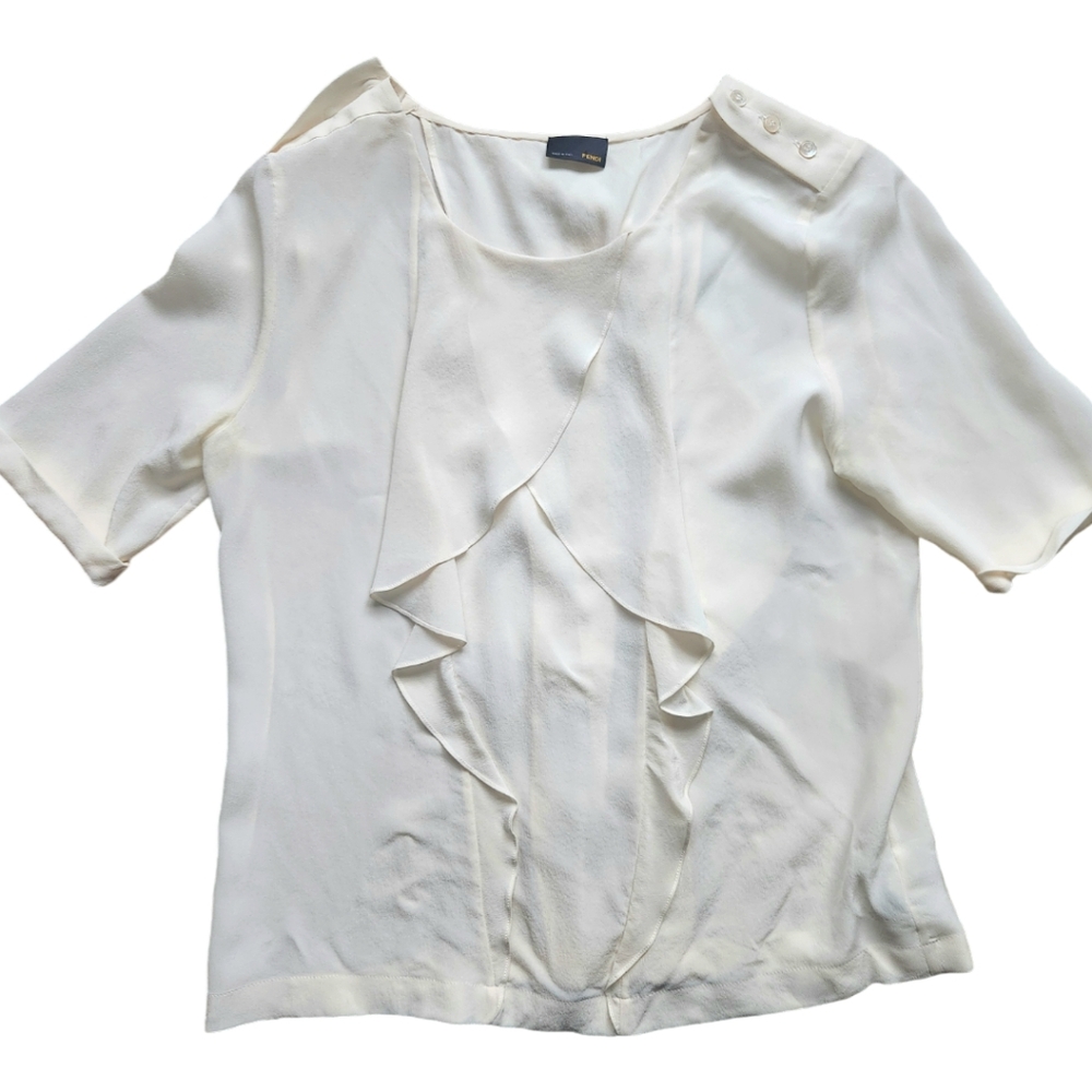 Fendi Cream Ruffle Front Silk Blouse